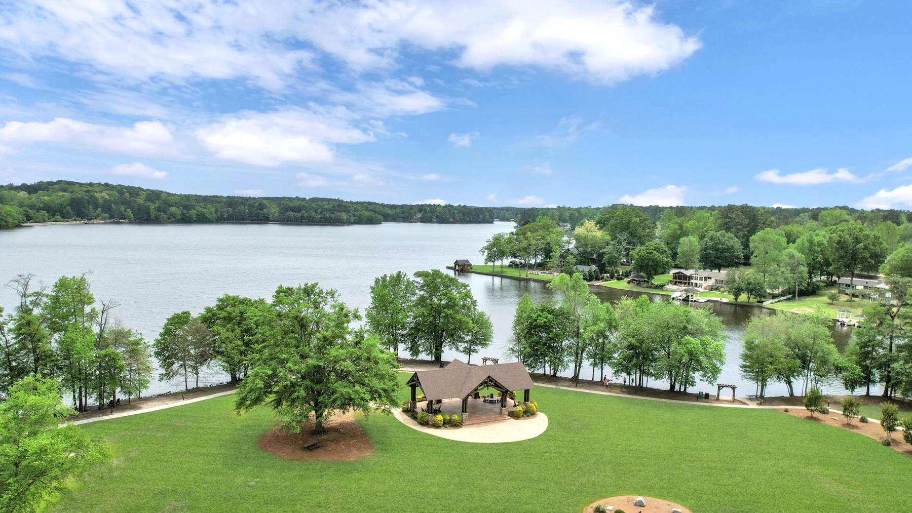 Aerial view of Lake Peachtree with the pavilion and lawn