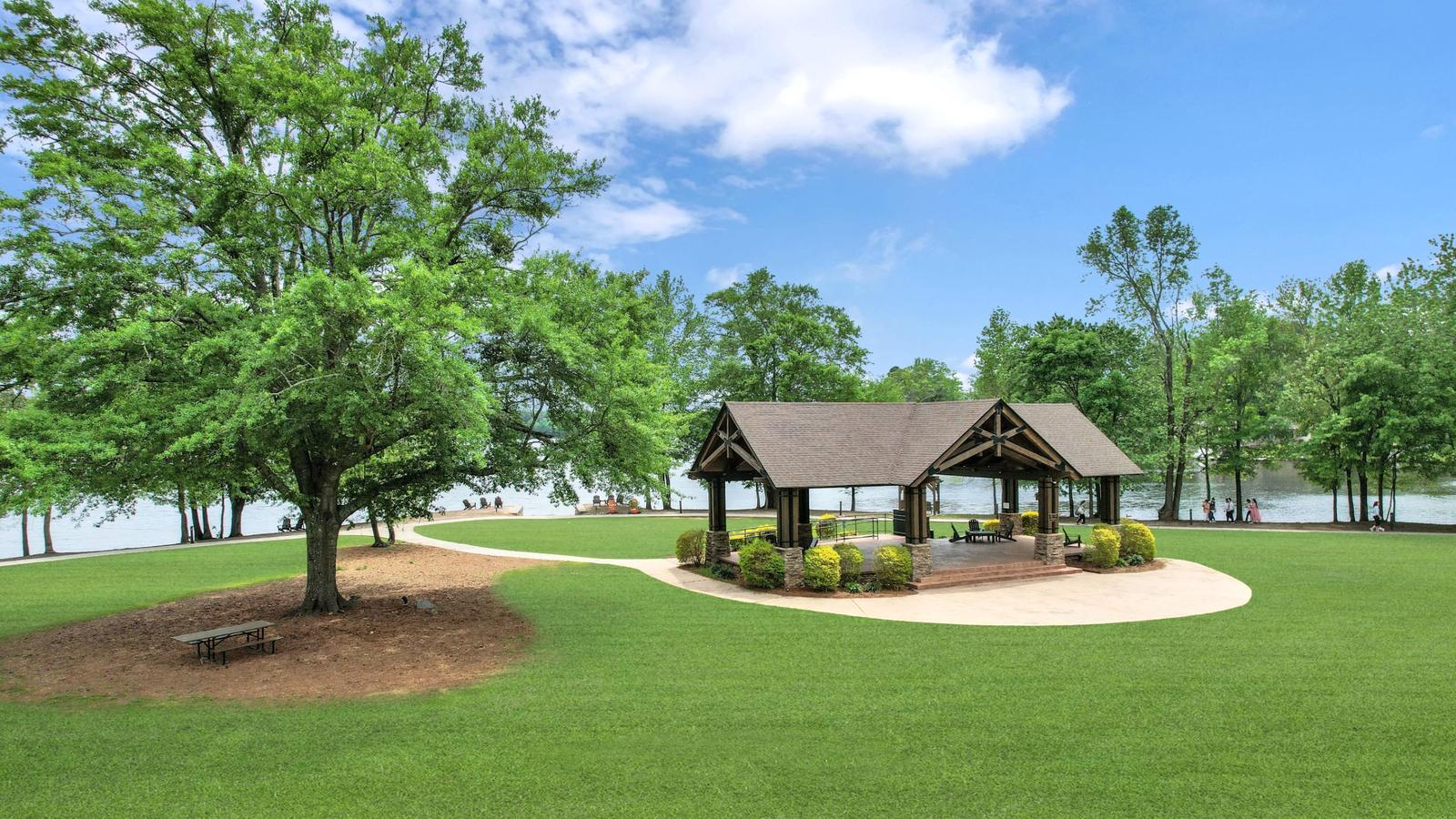 Lake Peachtree pavilion and lawn on the lake